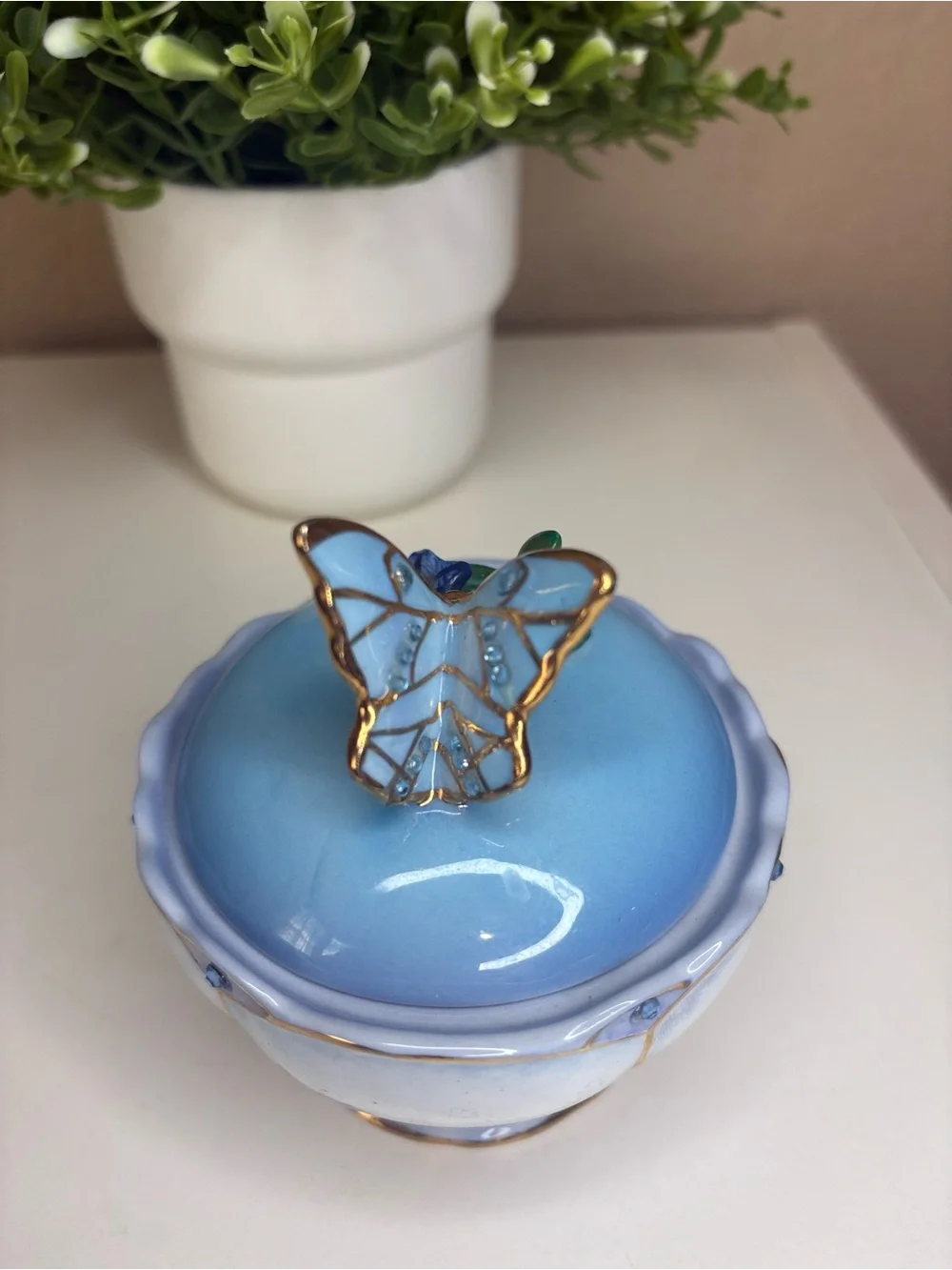 Blue Butterfly Ceramic Trinket Jar with Floral Accent